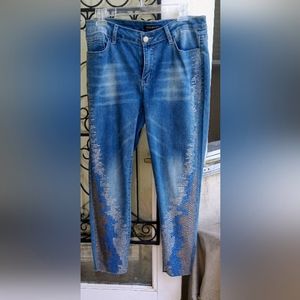 Juliette embellished jeans w/ gold/blue/silver crystals. Distressed on rear side